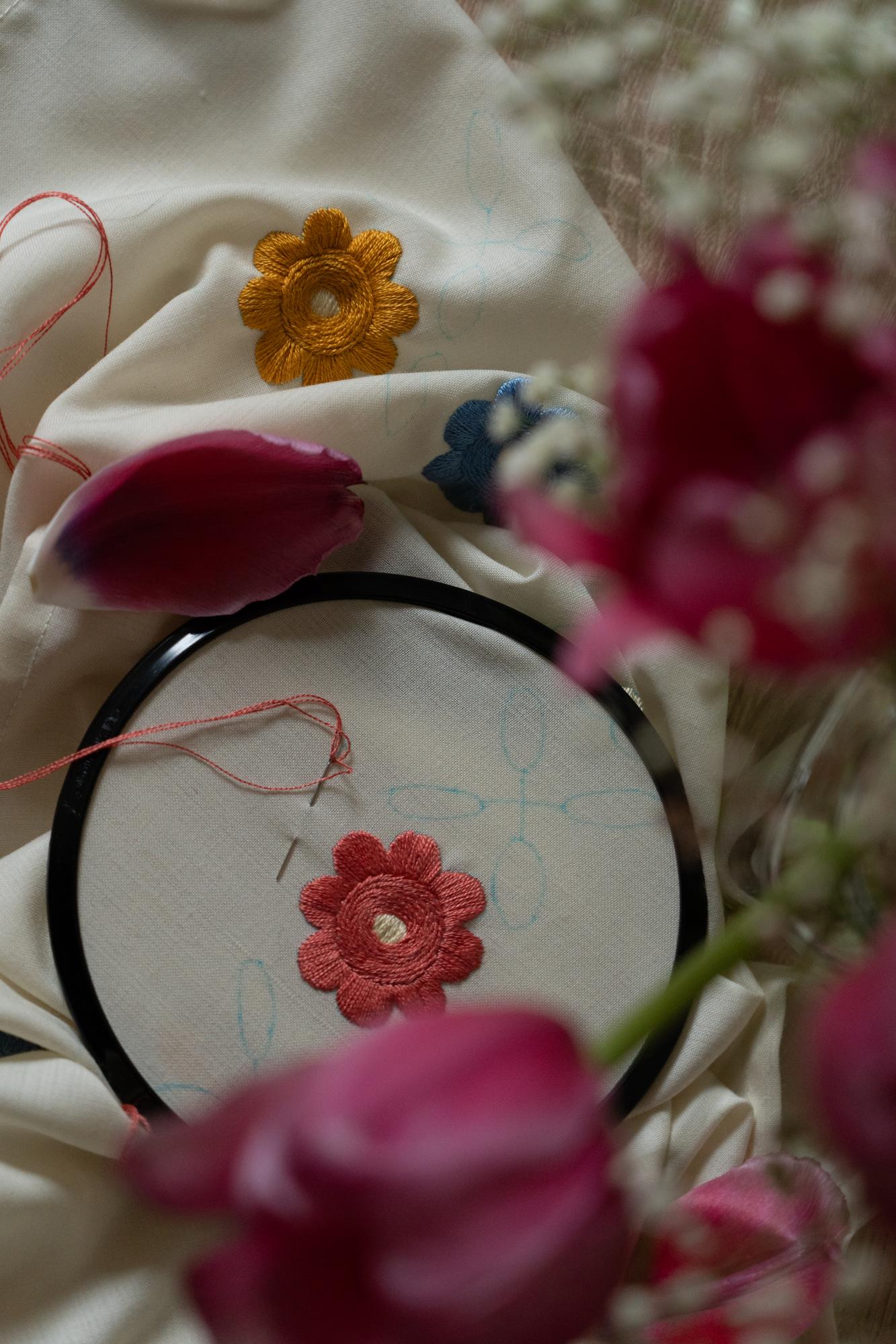 Close-up of embroidered floral hoop